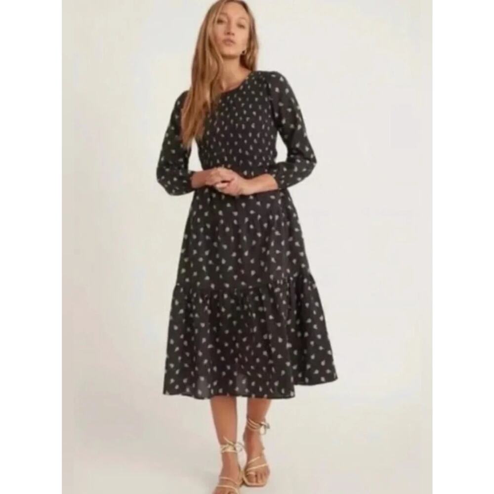 Marine Layer Camille Smocked Midi Dress Black Modern Ditsy Size Large Cottage